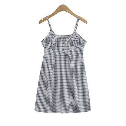 Spaghetti Strap V-Neck Plaid Mini A-Line Dress