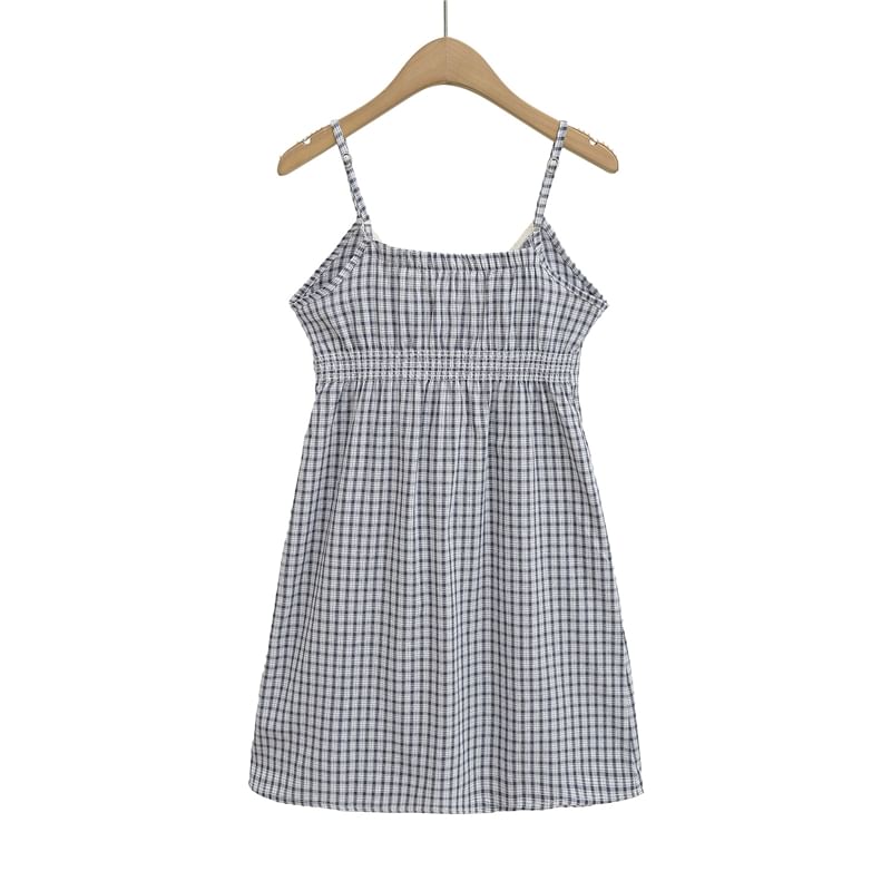 Spaghetti Strap V-Neck Plaid Mini A-Line Dress