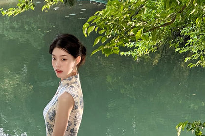 Sleeveless Stand Collar Floral Print Slit Maxi Sheath Qipao / Plain Shawl