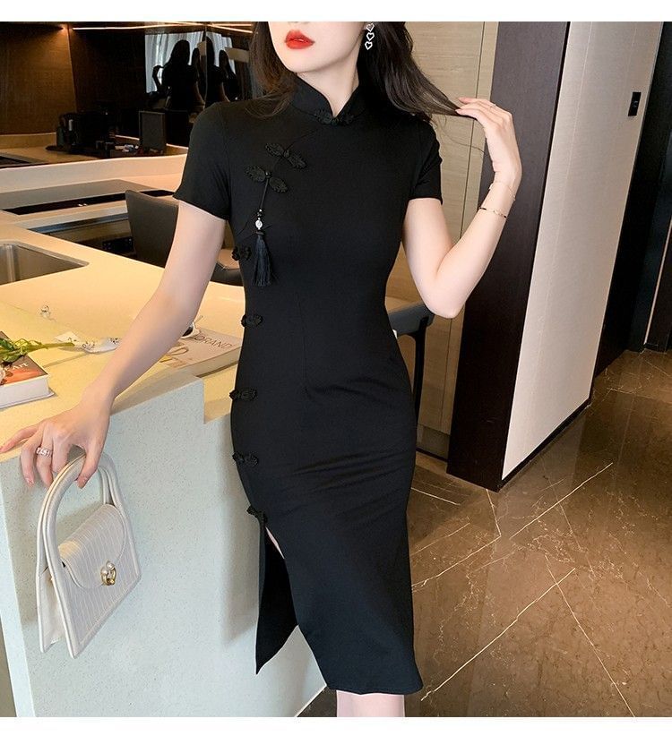 Short-Sleeve Stand Collar Plain Frog Buttoned Slit Midi Sheath Qipao