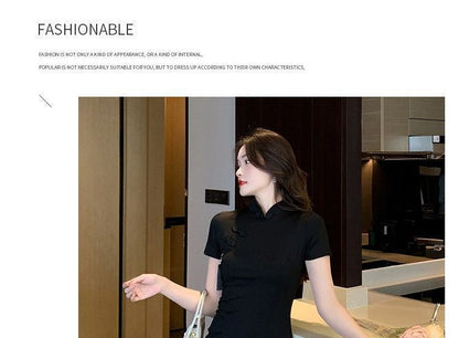 Short-Sleeve Stand Collar Plain Frog Buttoned Slit Midi Sheath Qipao