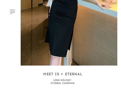 Short-Sleeve Stand Collar Plain Frog Buttoned Slit Midi Sheath Qipao