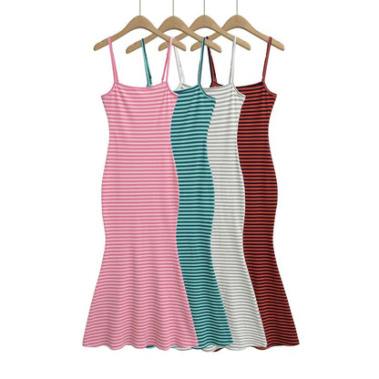 Spaghetti Strap Striped Ribbed Maxi Mermaid Dress