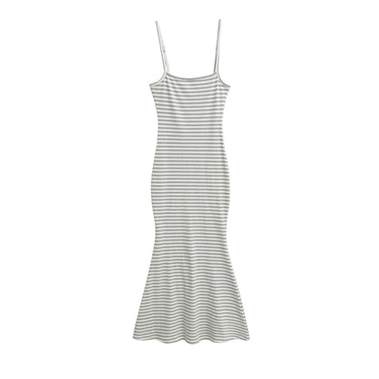 Striped Ribbed Spaghetti Strap Mermaid Maxi Dress