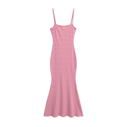 Striped Ribbed Spaghetti Strap Mermaid Maxi Dress