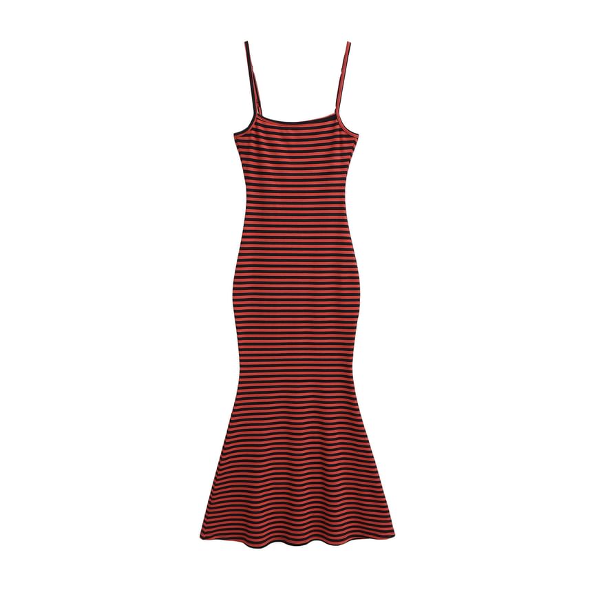 Spaghetti Strap Striped Ribbed Maxi Mermaid Dress