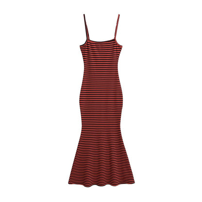 Striped Ribbed Spaghetti Strap Mermaid Maxi Dress