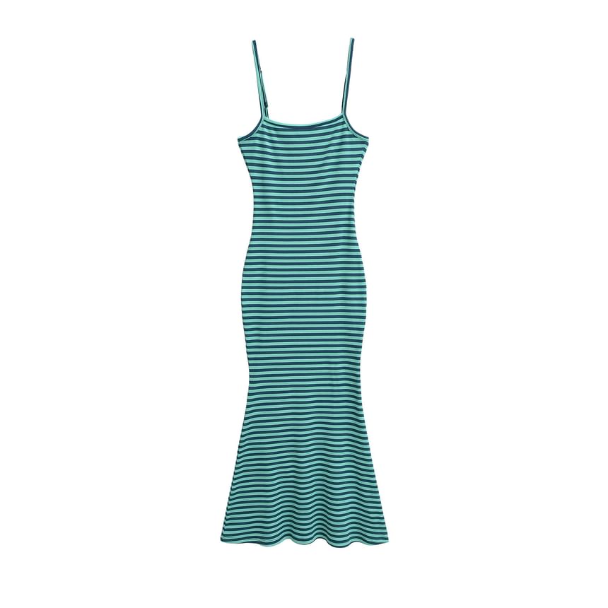 Spaghetti Strap Striped Ribbed Maxi Mermaid Dress