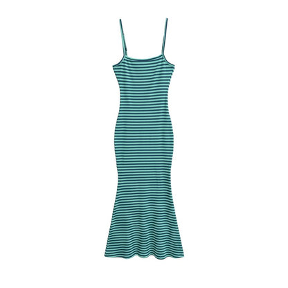 Spaghetti Strap Striped Ribbed Maxi Mermaid Dress