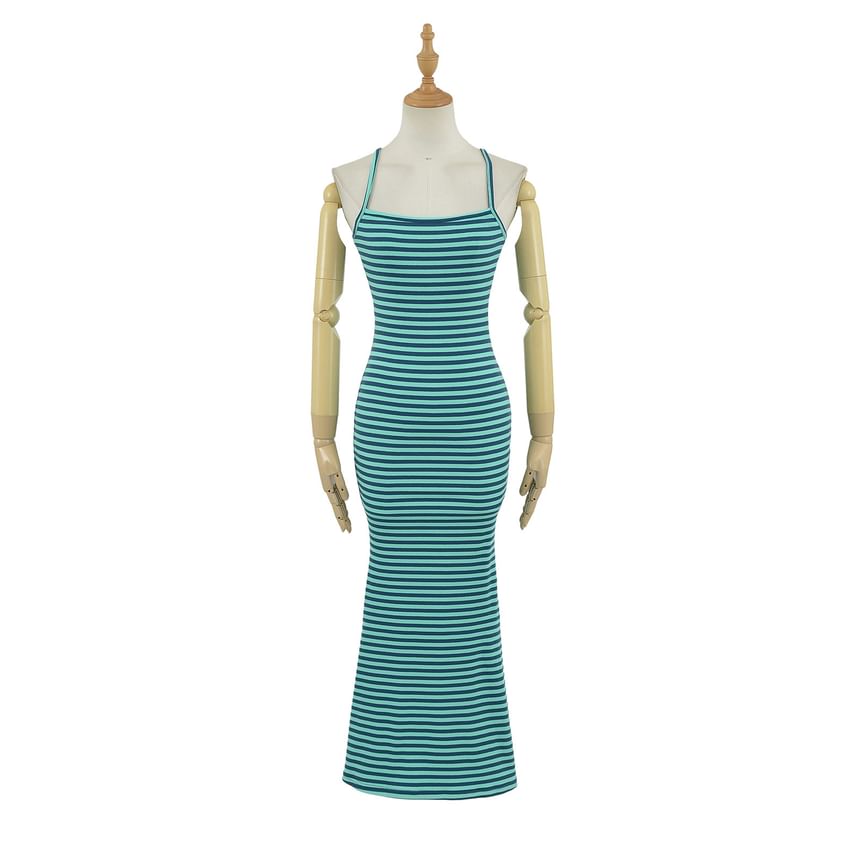 Spaghetti Strap Striped Ribbed Maxi Mermaid Dress