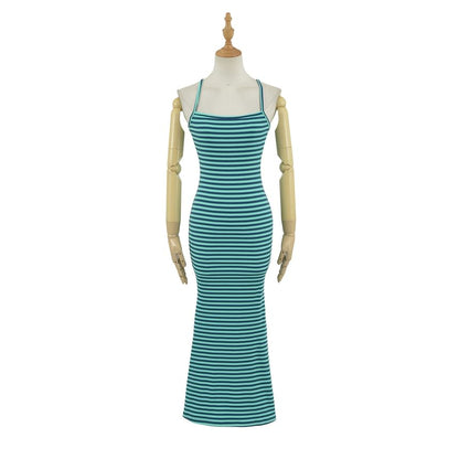 Striped Ribbed Spaghetti Strap Mermaid Maxi Dress