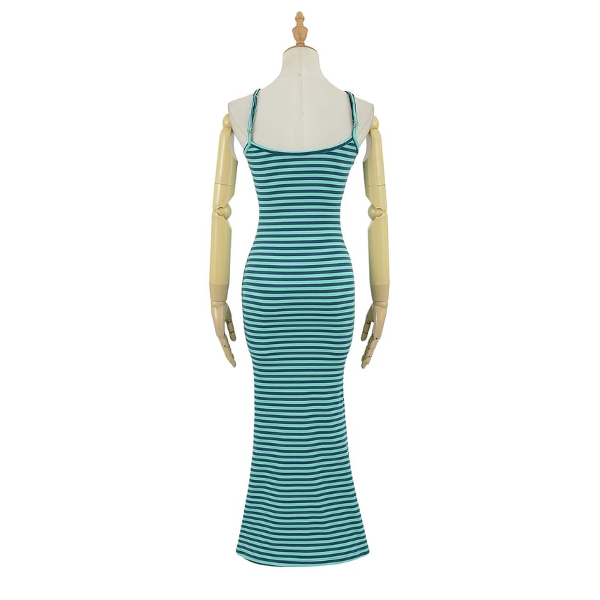 Spaghetti Strap Striped Ribbed Maxi Mermaid Dress