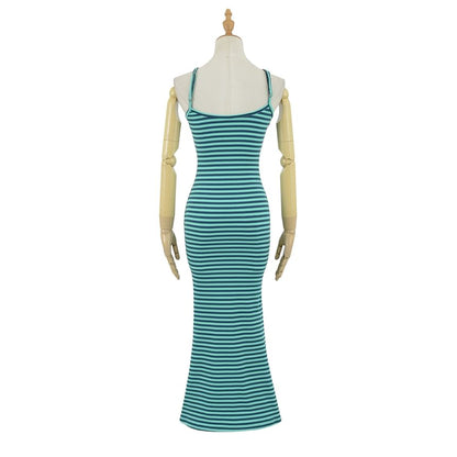 Spaghetti Strap Striped Ribbed Maxi Mermaid Dress
