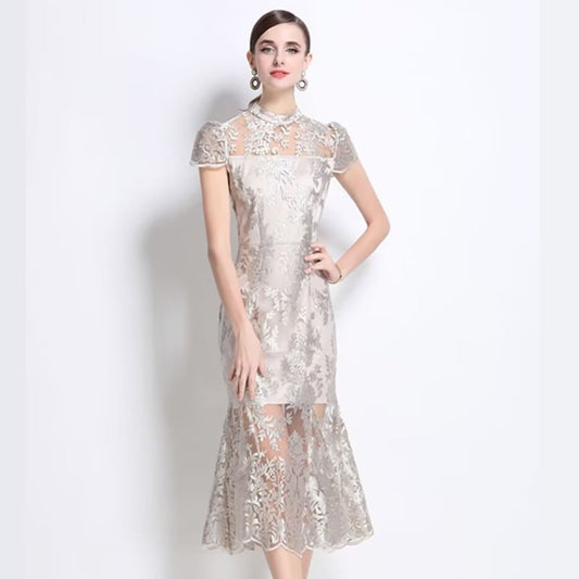 Cap Sleeve Stand Collar Floral Print Mesh Midi Mermaid Cocktail Dress