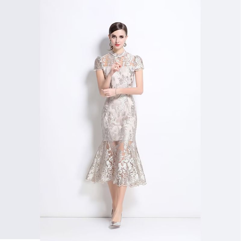 Cap Sleeve Stand Collar Floral Print Mesh Midi Mermaid Cocktail Dress