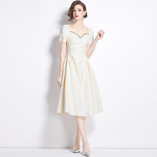 Puff Sleeve Square Neck Rhinestone Ruched Jacquard Midi A-Line Cocktail Dress