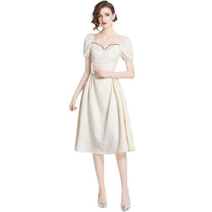 Puff Sleeve Square Neck Rhinestone Ruched Jacquard Midi A-Line Cocktail Dress