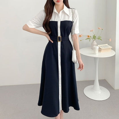 Belted Buckle Two-Tone Short-Sleeve Shirt Dress Maxi