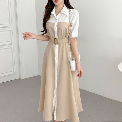 Belted Buckle Two-Tone Short-Sleeve Shirt Dress Maxi