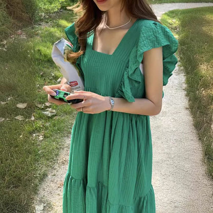 Square Neck Ruffle Hem Sleeveless Cotton Maxi Sundress