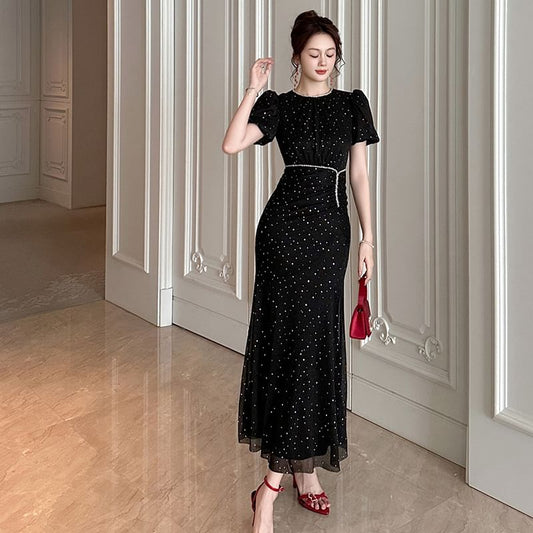 Short Sleeve Round Neck Glitter Ruched Mesh Maxi Trumpet Cocktail Dress