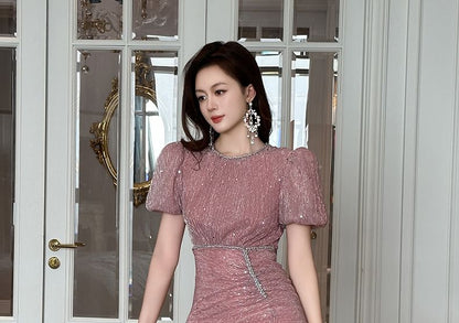 Short Sleeve Round Neck Glitter Ruched Mesh Maxi Trumpet Cocktail Dress