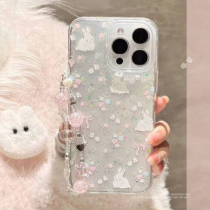 Rabbit Print Phone Case / Bead Phone Strap / Set