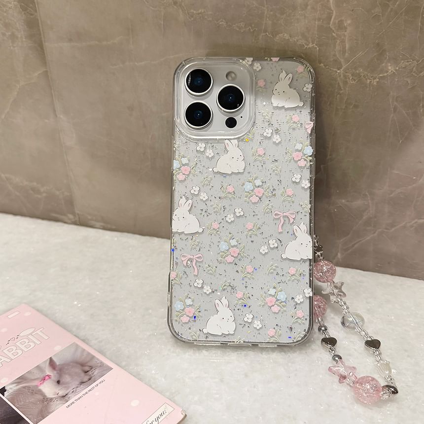 Rabbit Print Phone Case / Bead Phone Strap / Set