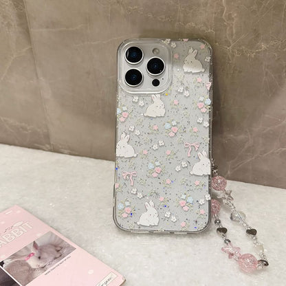 Rabbit Print Phone Case / Bead Phone Strap / Set