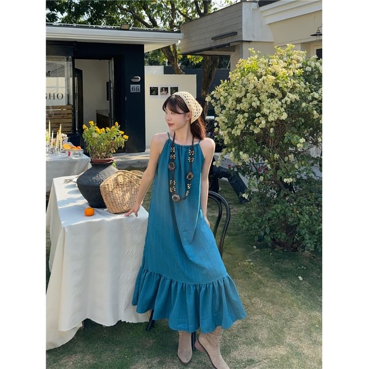 Spaghetti Strap Plain Ruffle Midi A-Line Dress / Sleeveless V-Neck Plain Crochet Knit Midi A-Line Dress