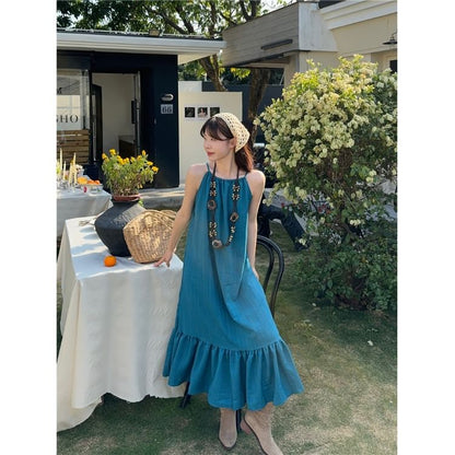 Spaghetti Strap Plain Ruffle Midi A-Line Dress / Sleeveless V-Neck Plain Crochet Knit Midi A-Line Dress