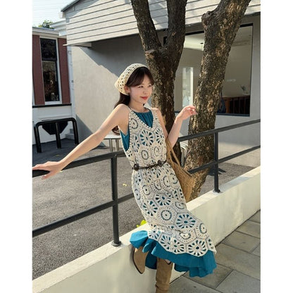 Spaghetti Strap Plain Ruffle Midi A-Line Dress / Sleeveless V-Neck Plain Crochet Knit Midi A-Line Dress
