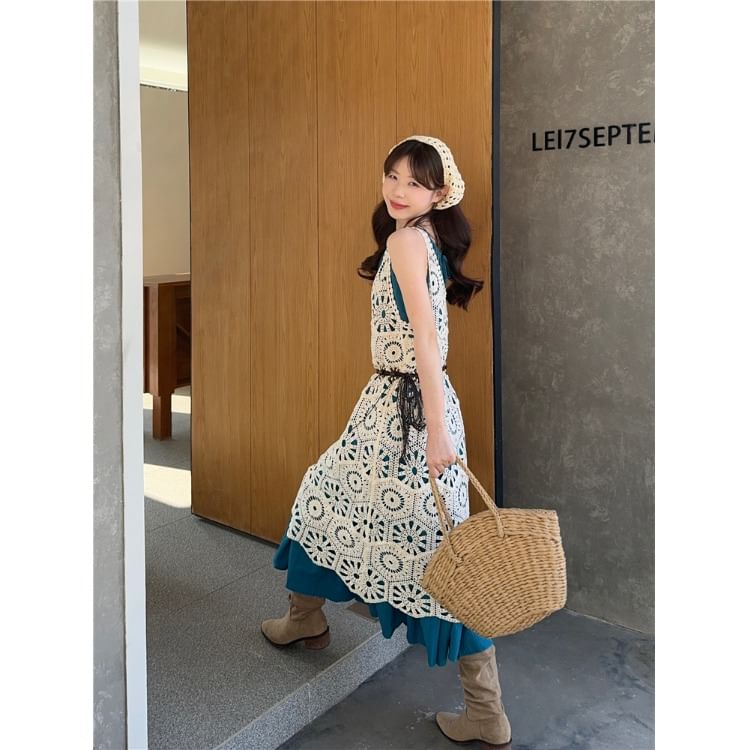 Spaghetti Strap Plain Ruffle Midi A-Line Dress / Sleeveless V-Neck Plain Crochet Knit Midi A-Line Dress