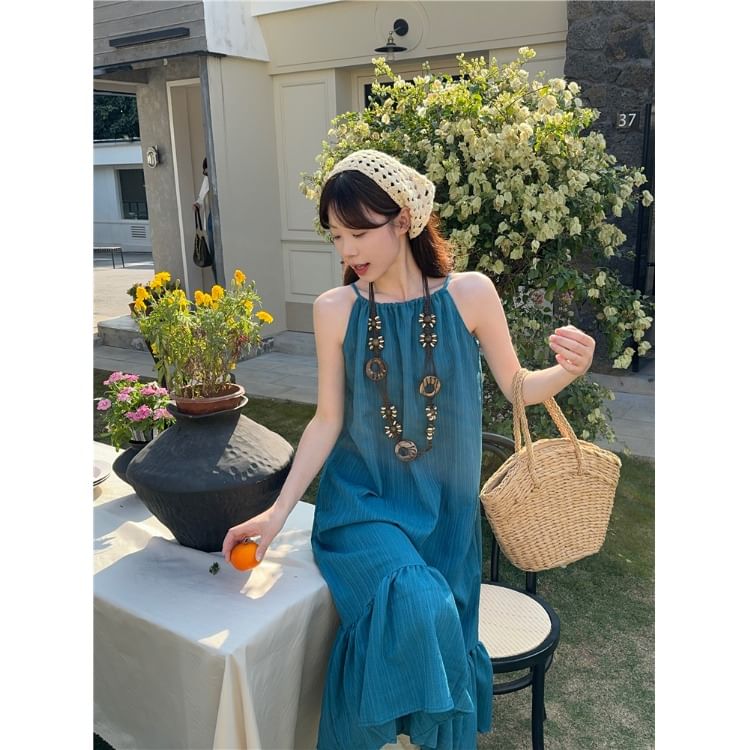 Spaghetti Strap Plain Ruffle Midi A-Line Dress / Sleeveless V-Neck Plain Crochet Knit Midi A-Line Dress