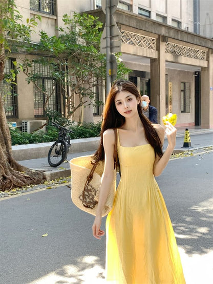Square Neck Spaghetti Strap Solid A-Line Maxi Dress
