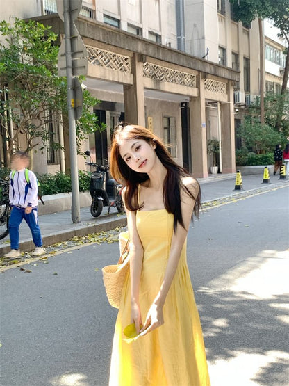 Spaghetti Strap Square Neck Plain Maxi A-Line Dress