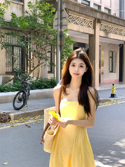 Spaghetti Strap Square Neck Plain Maxi A-Line Dress
