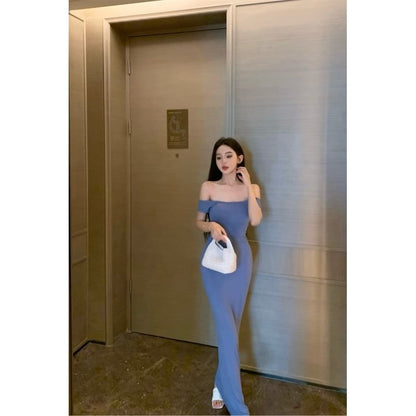 Off-Shoulder Short-Sleeve Bodycon Maxi Dress in Solid Color