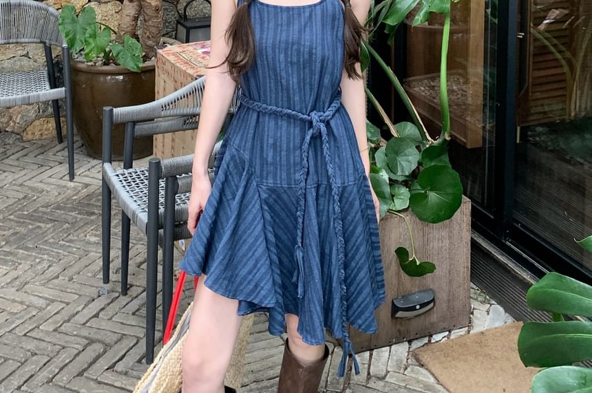 Spaghetti Strap Scoop Neck Striped Mini A-Line Dress