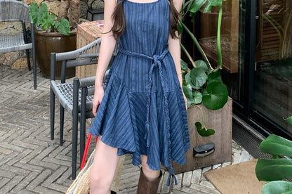 Spaghetti Strap Scoop Neck Striped Mini A-Line Dress