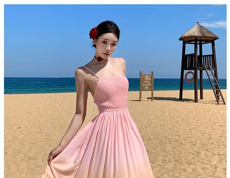 Spaghetti Strap Square Neck Gradient Ruffle Trim Maxi A-Line Dress