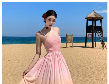 Spaghetti Strap Square Neck Gradient Ruffle Trim Maxi A-Line Dress