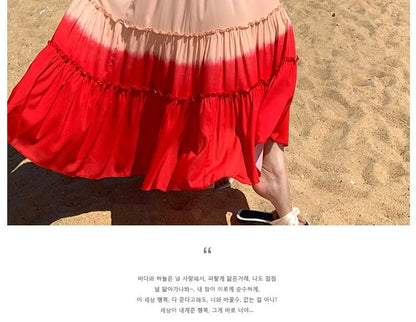 Spaghetti Strap Square Neck Gradient Ruffle Trim Maxi A-Line Dress