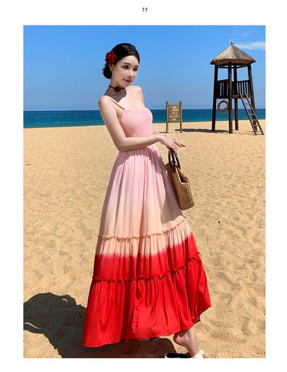Spaghetti Strap Square Neck Gradient Ruffle Trim Maxi A-Line Dress
