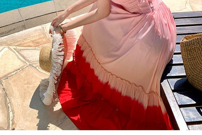 Spaghetti Strap Square Neck Gradient Ruffle Trim Maxi A-Line Dress