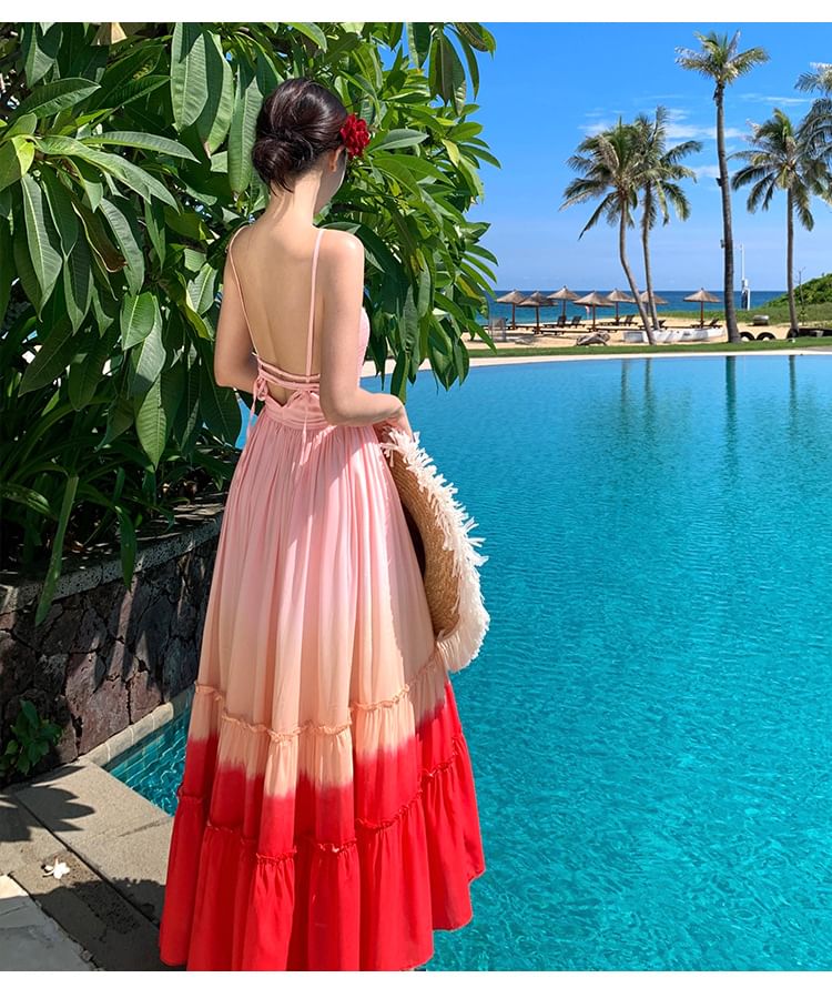 Spaghetti Strap Square Neck Gradient Ruffle Trim Maxi A-Line Dress