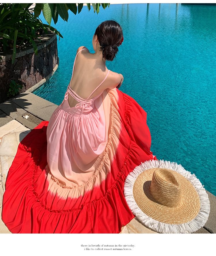 Spaghetti Strap Square Neck Gradient Ruffle Trim Maxi A-Line Dress