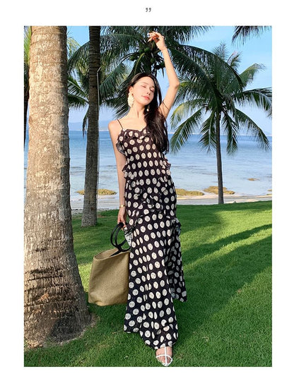Dotted V-Neck A-Line Midi Dress with Ruffle Trim