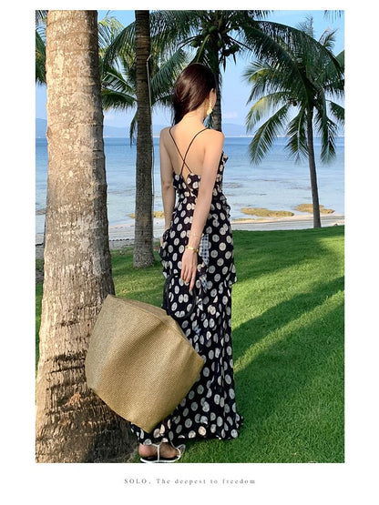 Spaghetti Strap V-Neck Ruffle Trim Dotted Maxi A-Line Dress