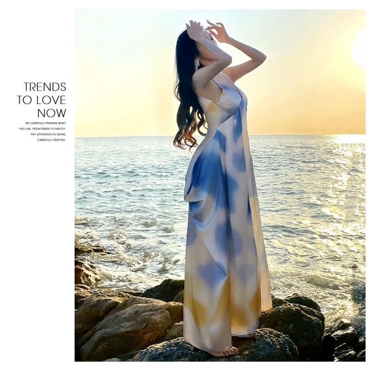 Spaghetti Strap V-Neck Gradient Maxi A-Line Dress